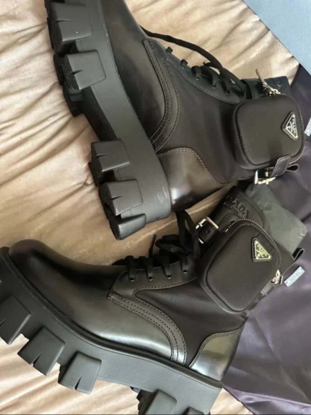 Prada Black Monolith Combat Boots With Removable Pouch Triangle Logo